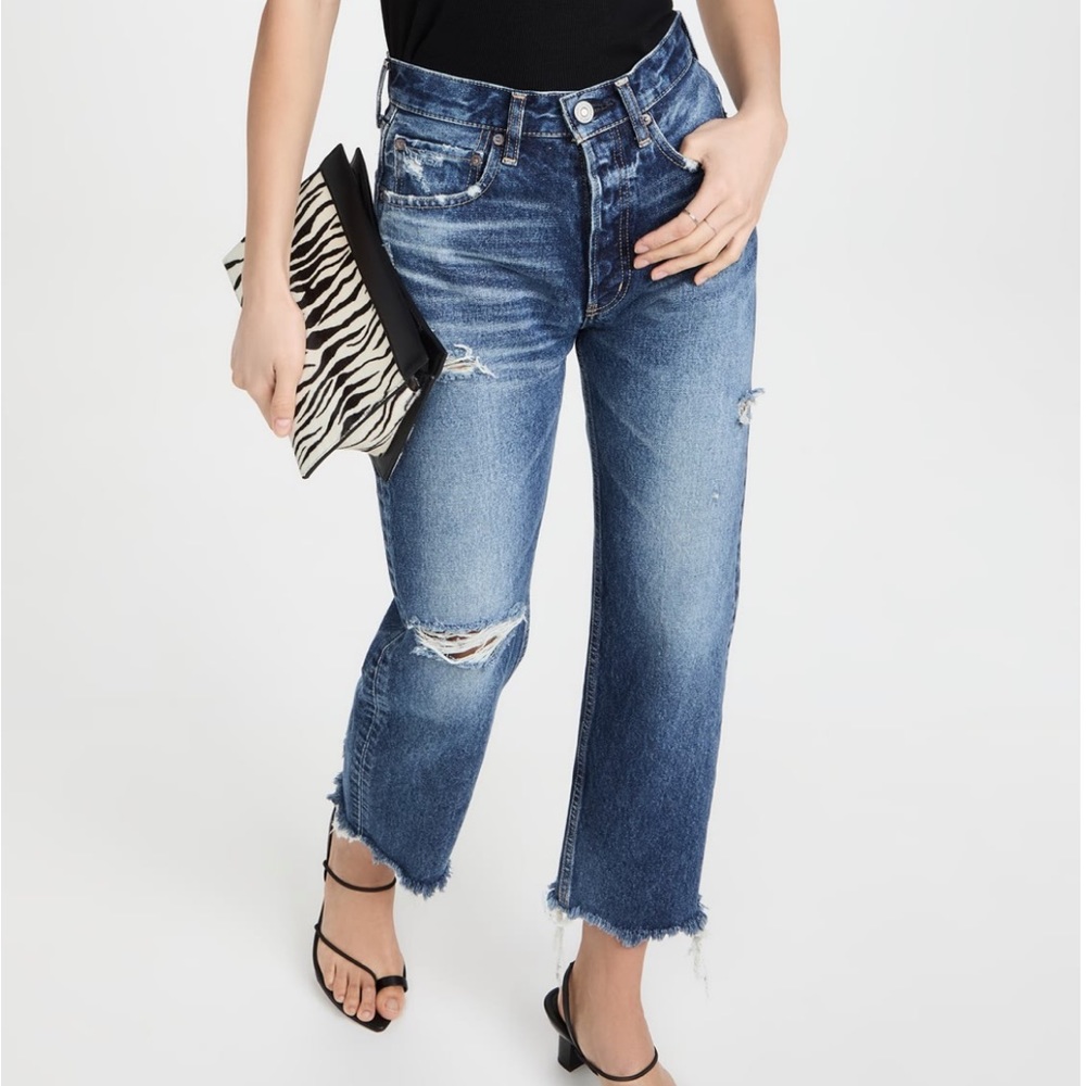 Moussy High Rise Cropped Distressed Blue Jeans
